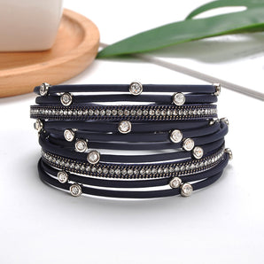 Simple Style Round Pu Leather Alloy Inlay Artificial Rhinestones Women'S Bracelets