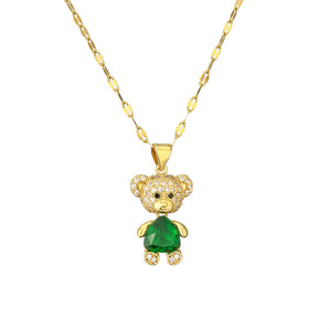 Nihao Wholesale Cartoon Style Cute little bear Stainless Steel Copper Plating Inlay Pearl Zircon Gold Plated Pendant Necklace
