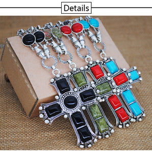 1 piece fashion cross alloy inlay turquoise women's pendant necklace