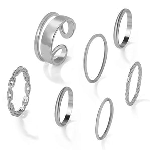 simple geometic alloy ring 7 pieces set