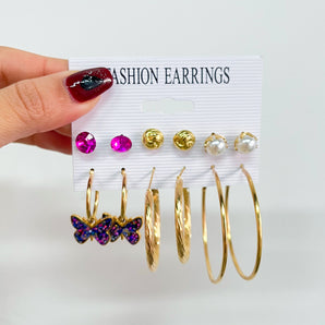 Nihao Wholesale fashion butterfly inlaid pearl alloy geometric hoop earrings six-piece set