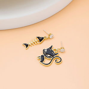 fashion cat fish bone alloy asymmetrical plating inlay rhinestones women's drop earrings 1 pair
