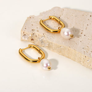 1 Pair Elegant U Shape 304 Stainless Steel Freshwater Pearl Drop Earrings