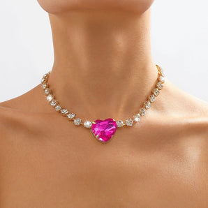 1 piece shiny heart shape alloy inlay glass stone women's choker