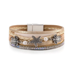 vacation tortoise starfish pu leather plating artificial pearls rhinestones unisex bracelets