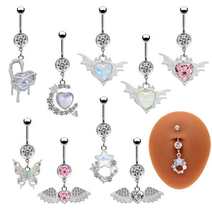 Nihao Wholesale 1 Piece Belly Rings Cute Pastoral Simple Style Star Heart Shape Wings Stainless Steel Alloy Plating Inlay Acrylic Rhinestones Glass White Gold Plated
