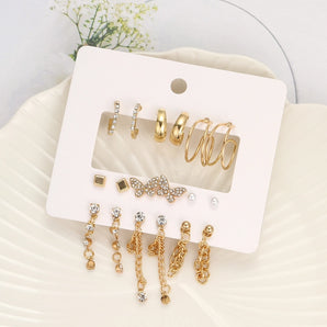 Nihao Wholesale 9 pairs elegant shiny tassel heart shape butterfly plating inlay imitation pearl alloy artificial gemstones artificial pearls rhinestones gold plated silver plated earrings