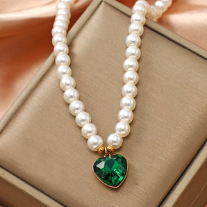vintage style heart shape stainless steel arylic artificial pearl beaded women's pendant necklace 1 piece