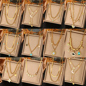 Nihao Wholesale Jewelry Vintage Style Commute Devil's Eye Star Moon 304 Stainless Steel Turquoise Rhinestones Shell 18K Gold Plated Plating Inlay Layered Necklaces