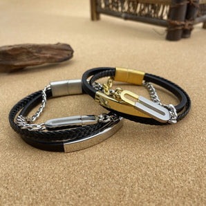 Nihao Wholesale Hip-Hop Vintage Style Oval Stainless Steel Pu Leather Braid Artificial Leather Men'S Bangle