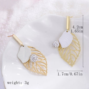1 pair ig style elegant leaves feather plating hollow out inlay alloy copper artificial pearls rhinestones 14k gold plated 18k gold plated silver plated drop earrings