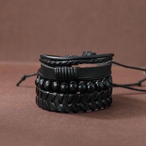 3 piece set casual solid color beaded pu leather men's bracelets