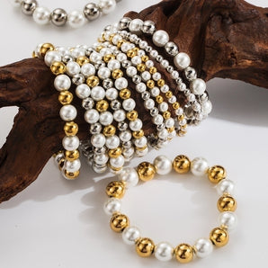 Nihao Wholesale Basic Commute Solid Color 304 Stainless Steel Artificial Pearl 18K Gold Plated Artificial Pearls Bracelets In Bulk