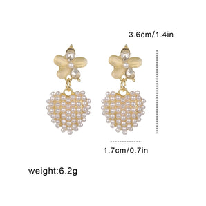 1 pair sweet heart shape flower inlay alloy artificial pearls zircon drop earrings