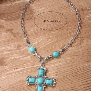 retro cross alloy hollow out inlay turquoise unisex sweater chain