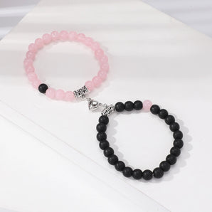 simple style classic style heart shape stone beaded magnetic metal button valentine's day couple bracelets