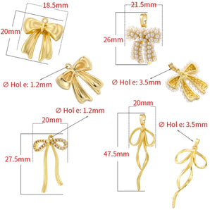 Nihao Wholesale 1 Piece 18.5*20mm 20*27.5mm 21.5*26mm Hole 1~1.9mm Hole 3~3.9mm Brass Pearl Zircon 18K Gold Plated Bow Knot Polished Pendant