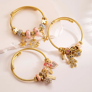 Nihao Wholesale Elegant Sweet Moon Heart Shape Gold Plated Rhinestones Pearl 304 Stainless Steel Alloy Wholesale Bracelets