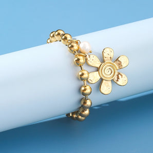 Nihao Wholesale 304 Stainless Steel 24K Gold Plated Sweet Classic Style Beaded Inlay Flower Pearl Bracelets