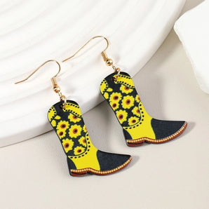 wholesale jewelry 1 pair funny cowboy boot chrysanthemum arylic alloy drop earrings