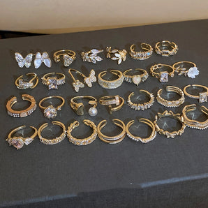 retro geometric heart shape butterfly metal inlay artificial pearls rhinestones women's open ring 1 piece