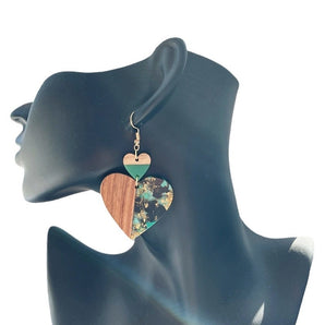 1 pair classical retro water droplets heart shape printing plating wood resin 14k gold plated drop earrings