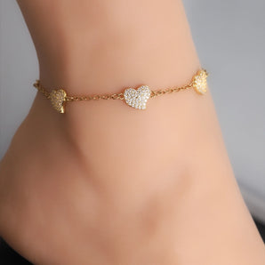 Nihao Wholesale Jewelry Elegant Shiny Heart Shape 304 Stainless Steel Copper Zircon 18K Gold Plated Inlay Anklet