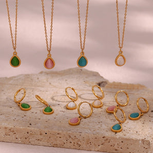Wholesale Jewelry Retro Water Droplets 304 Stainless Steel Opal 18K Gold Plated Plating Pendant Necklace