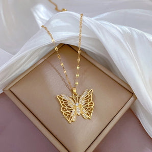 Wholesale Simple Style Butterfly Titanium Steel Copper Plating Inlay Zircon Pendant Necklace