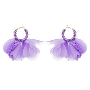 1 pair ethnic style flower chiffon pleated inlay beads women's earrings