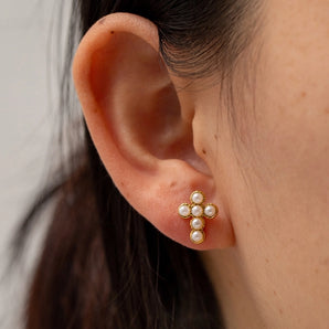 Nihao Wholesale Fashion Cross Plating 304 Stainless Steel Pearl Zircon Earrings