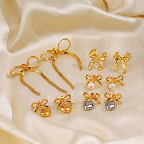 Nihao Wholesale 1 Pair Sweet Simple Style Heart Shape Bow Knot Polishing Pearl 304 Stainless Steel Artificial Pearls 18K Gold Plated Drop Earrings