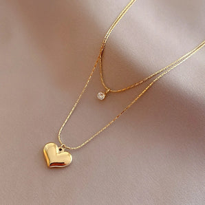 Nihao Wholesale 304 Stainless Steel 18K Gold Plated IG Style Plating Inlay Heart Shape Artificial Rhinestones Layered Necklaces