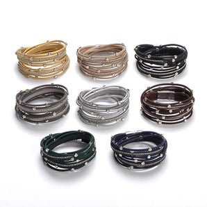 Simple Style Round Pu Leather Alloy Inlay Artificial Rhinestones Women'S Bracelets