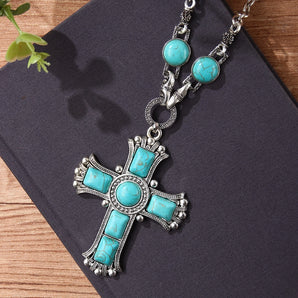 retro cross alloy hollow out inlay turquoise unisex sweater chain