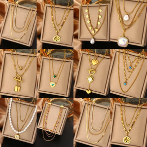 Wholesale Jewelry Vintage Style Commute Devil's Eye Heart Shape Lock 304 Stainless Steel Turquoise Rhinestones Pearl 18K Gold Plated Plating Inlay Layered Necklaces