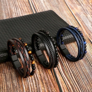 Nihao Wholesale fashion round pu leather alloy tiger eye beaded men's bracelets