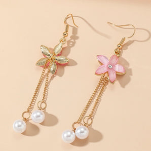 simple style flower alloy tassel artificial pearls women's drop earrings 1 pair