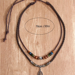 1 piece vintage style leaf alloy wood beaded hollow out men's layered necklaces