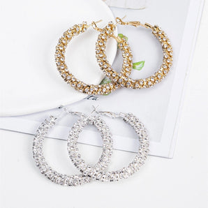 1 pair simple style circle inlay metal rhinestones hoop earrings