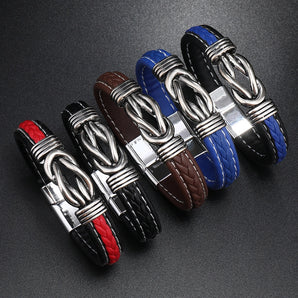 Nihao Wholesale retro punk geometric stainless steel pu leather alloy braid men's wristband