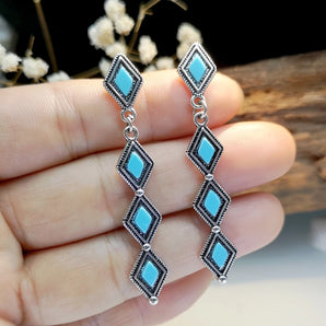 wholesale jewelry 1 pair classical ethnic style rhombus metal turquoise silver plated drop earrings