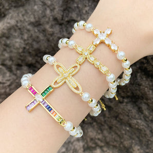 Nihao Wholesale IG Style Fashion Cross Imitation Pearl Copper Beaded Plating Inlay Zircon 18K Gold Plated Women's Bracelets