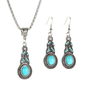 Nihao Wholesale IG Style Retro Oval Alloy Plating Inlay Turquoise Crystal Women'S Earrings Necklace