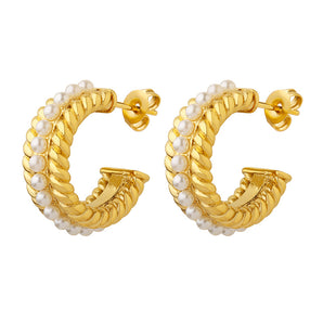 Nihao Wholesale 1 Pair Elegant C Shape Inlay Titanium Steel Artificial Pearls Earrings