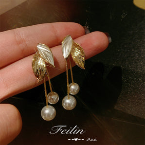 Nihao Wholesale fashion alloy leaf pearl tassellong earrings wholesale