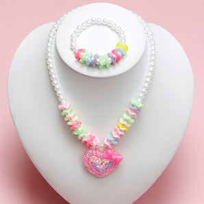 Nihao Wholesale Princess Cute Heart Shape Bow Knot Beaded Arylic Resin Girl'S Bracelets Necklace