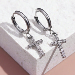 Nihao Wholesale 1 Pair Basic Cross Inlay Stainless Steel Rhinestones Drop Earrings