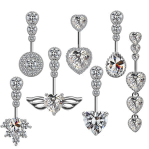 Nihao Wholesale Cute Luxurious Heart Shape Stainless Steel Copper Plating Inlay Gem Rhinestones Zircon White Gold Plated Belly Ring