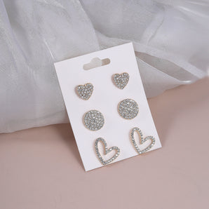 Nihao Wholesale 3 Pairs Elegant Heart Shape Inlay Alloy Rhinestones Ear Studs